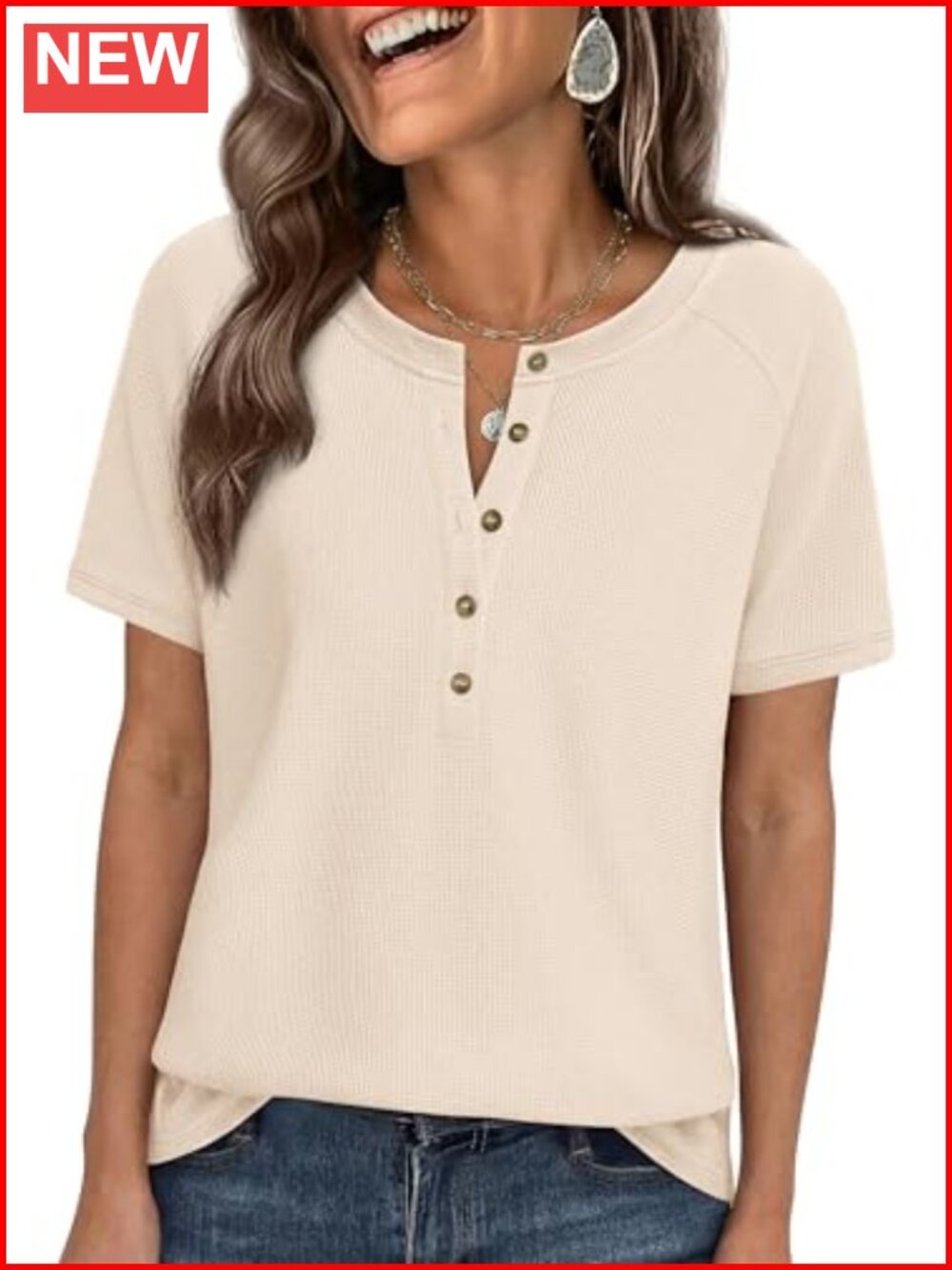Women's Short Sleeve Waffle Knit Henley T-Shirt Relaxed Fit Casual Top